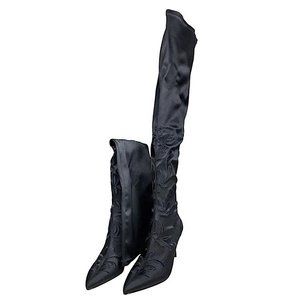 Zara Satin Floral Embroidered Over The Knee Boots